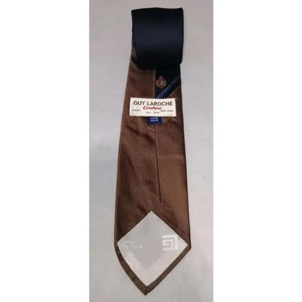 Guy Laroche Mens Neck Tie Brown And Navy Blue Luxury Made In Italy 100% Silk